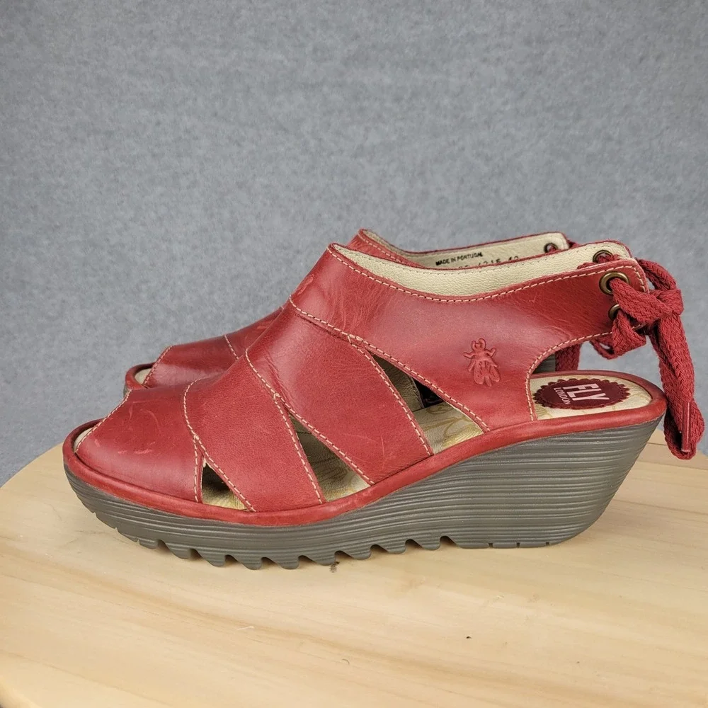 Fly London Yown Red Leather Lace Up Peep‎ Toe Wedge Sandals Portugal 42 US 11.5